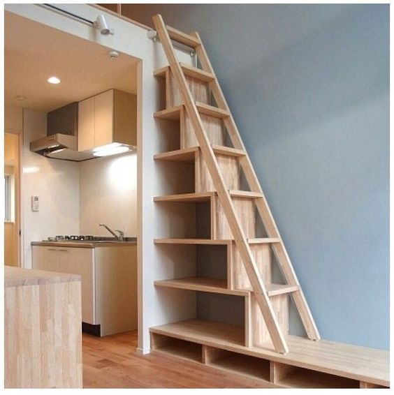 wooden stairs with storage