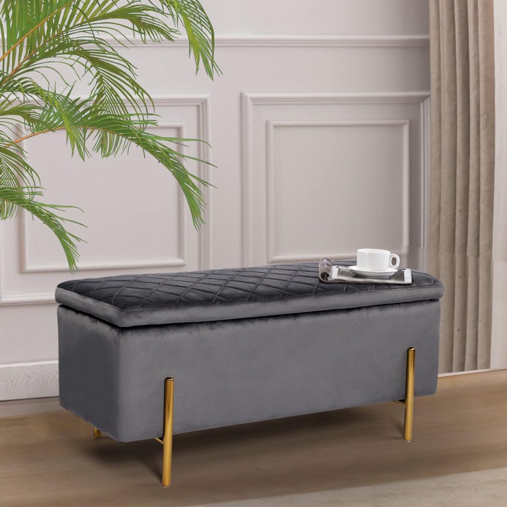grey velvet storage bench