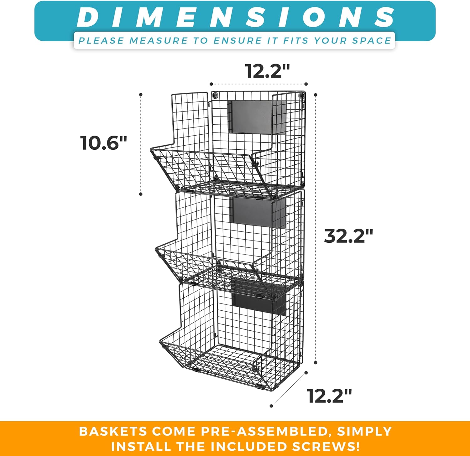 Sarogata 3 Tier Wall Mount Wire Baskets dimensions