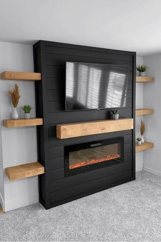 fireplace with floating shelves on each side