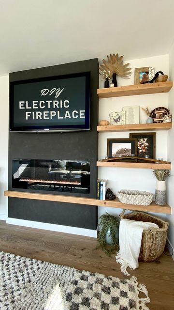fireplace with floating shelves