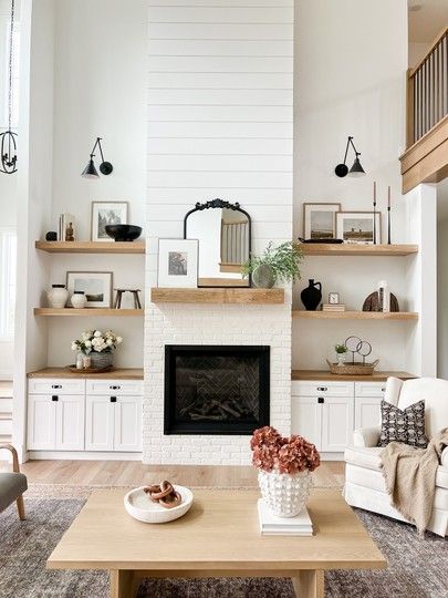 modern fireplace with floating shelves