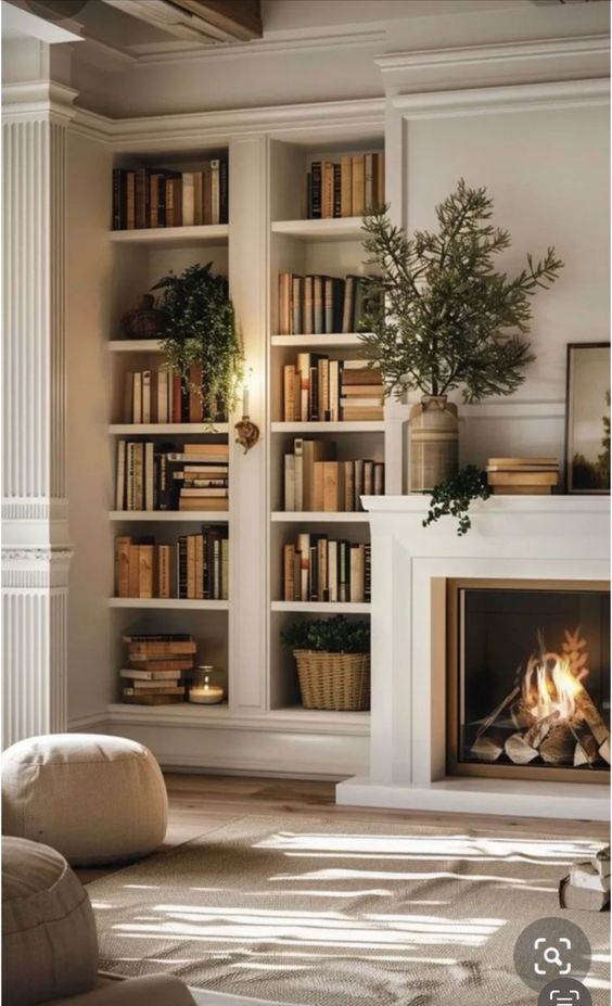 Built-In Floating Shelves next to fireplace