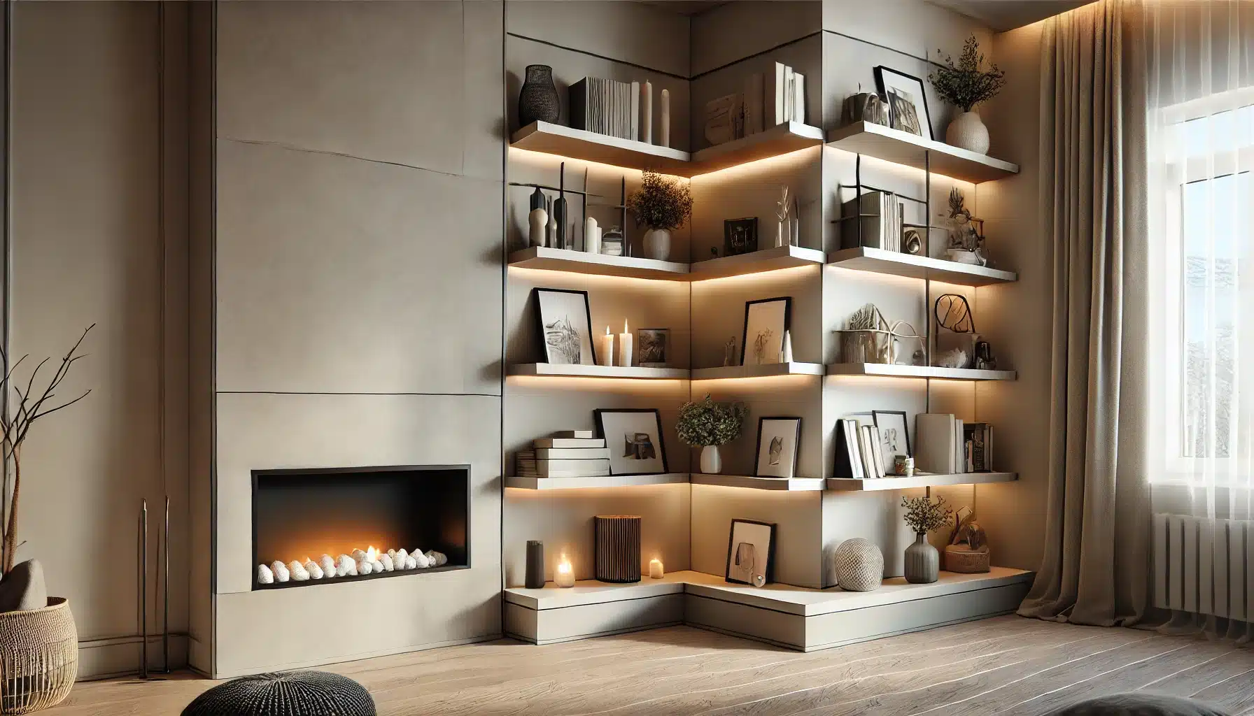 Corner Floating Shelves next to a fireplace
