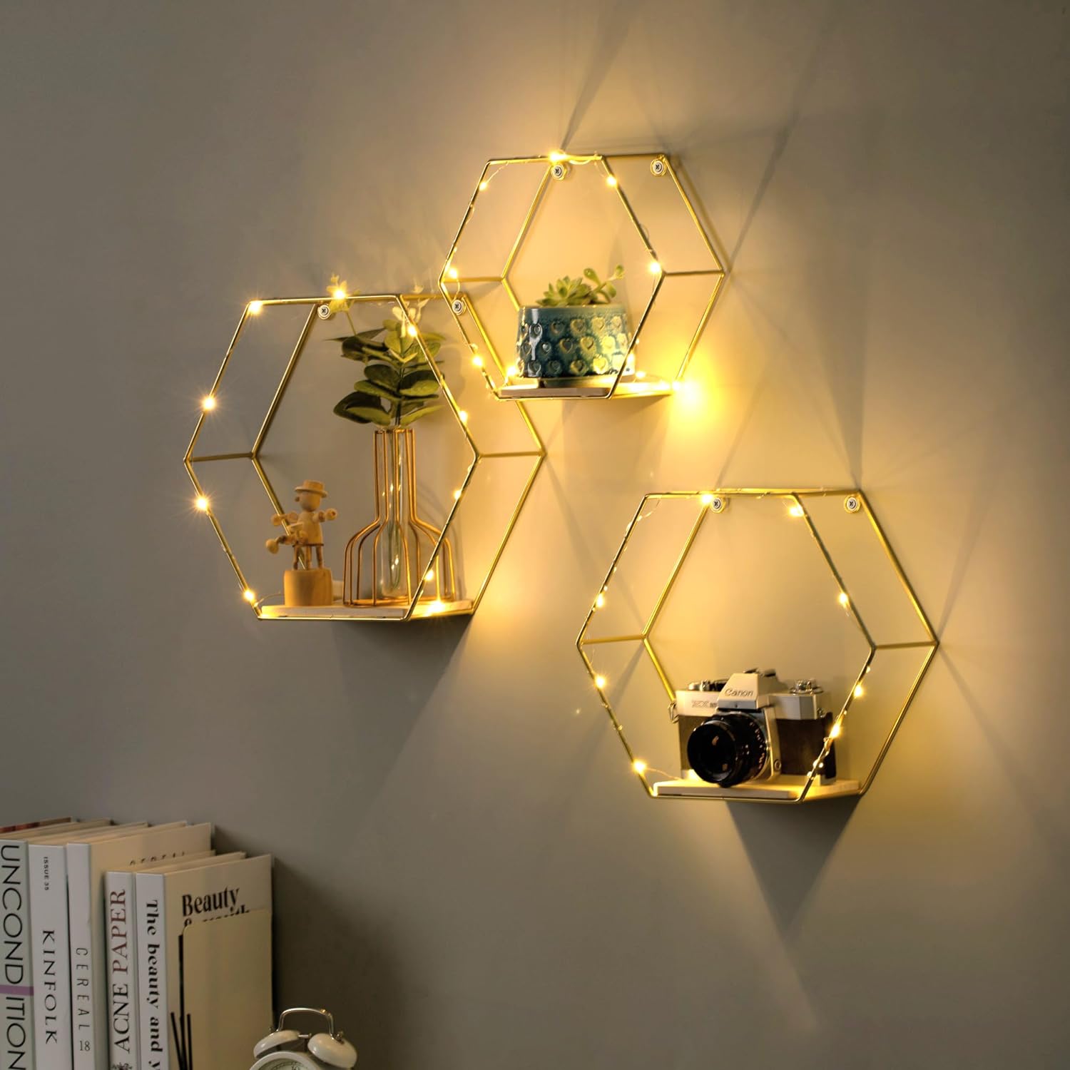 Gold Wire Floating Shelves with Lights
