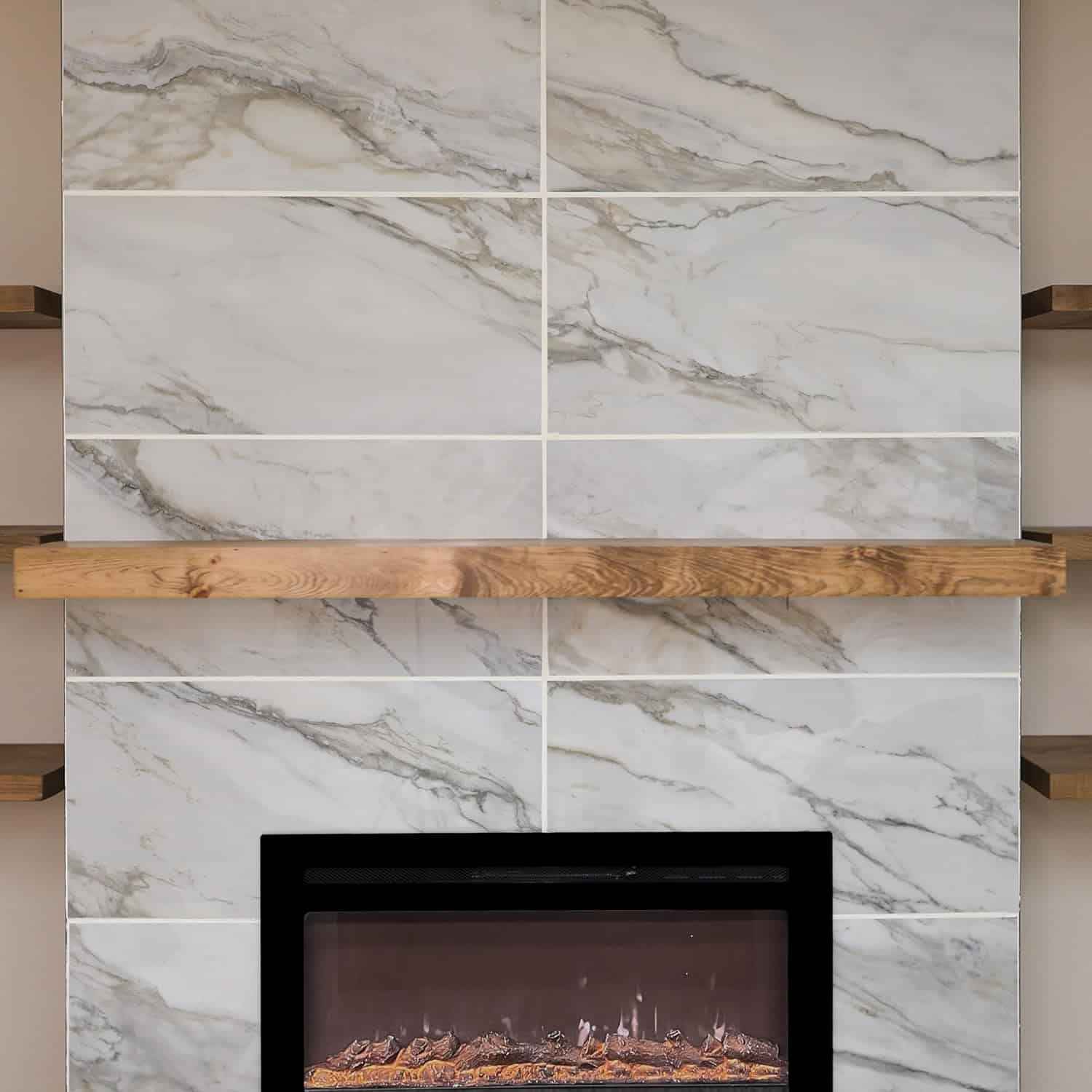 Rustic Reclaimed Wood Shelves next to fireplace