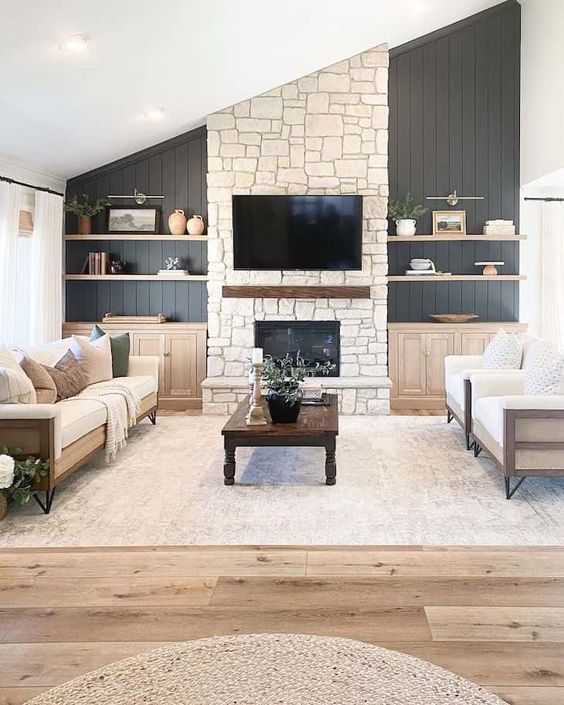 floating shelves beside fireplace