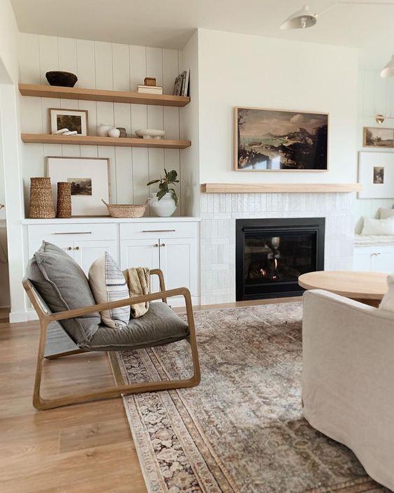 living room floating shelves fireplace