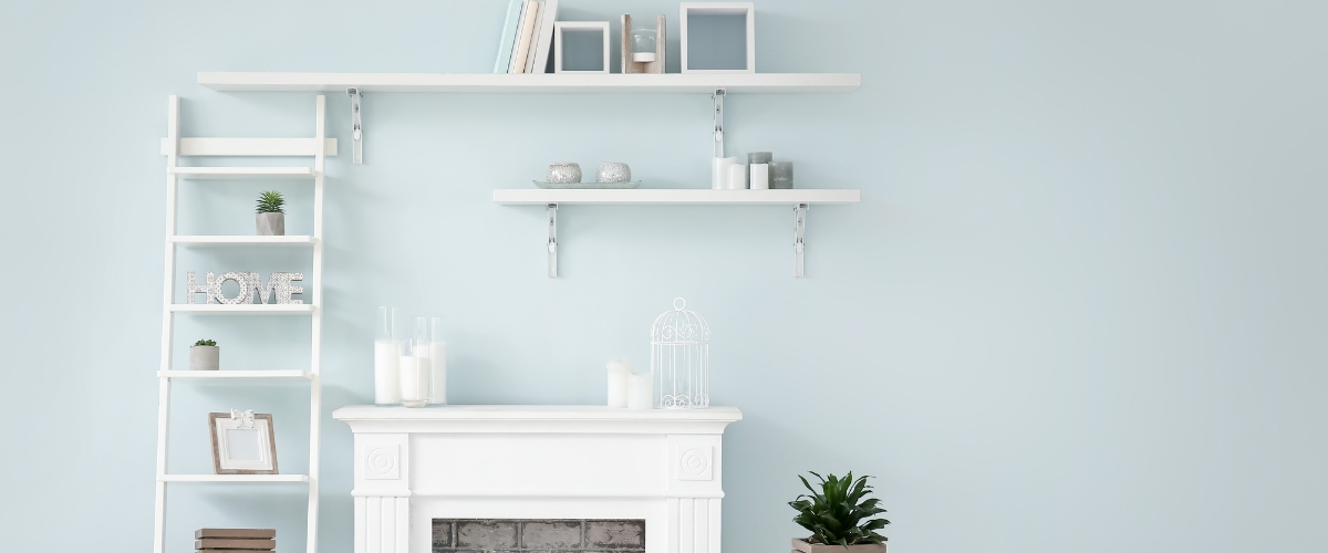 floating shelves next to fireplace