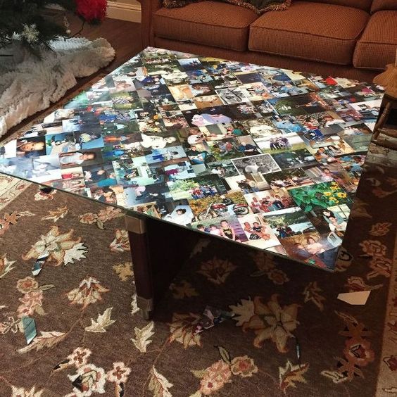 coffee table with family photo decor