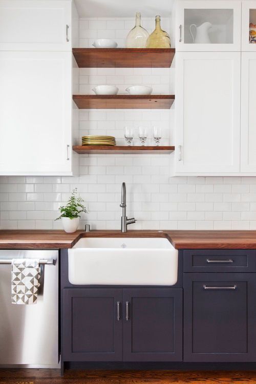 kitchen floating shelves between cabinets