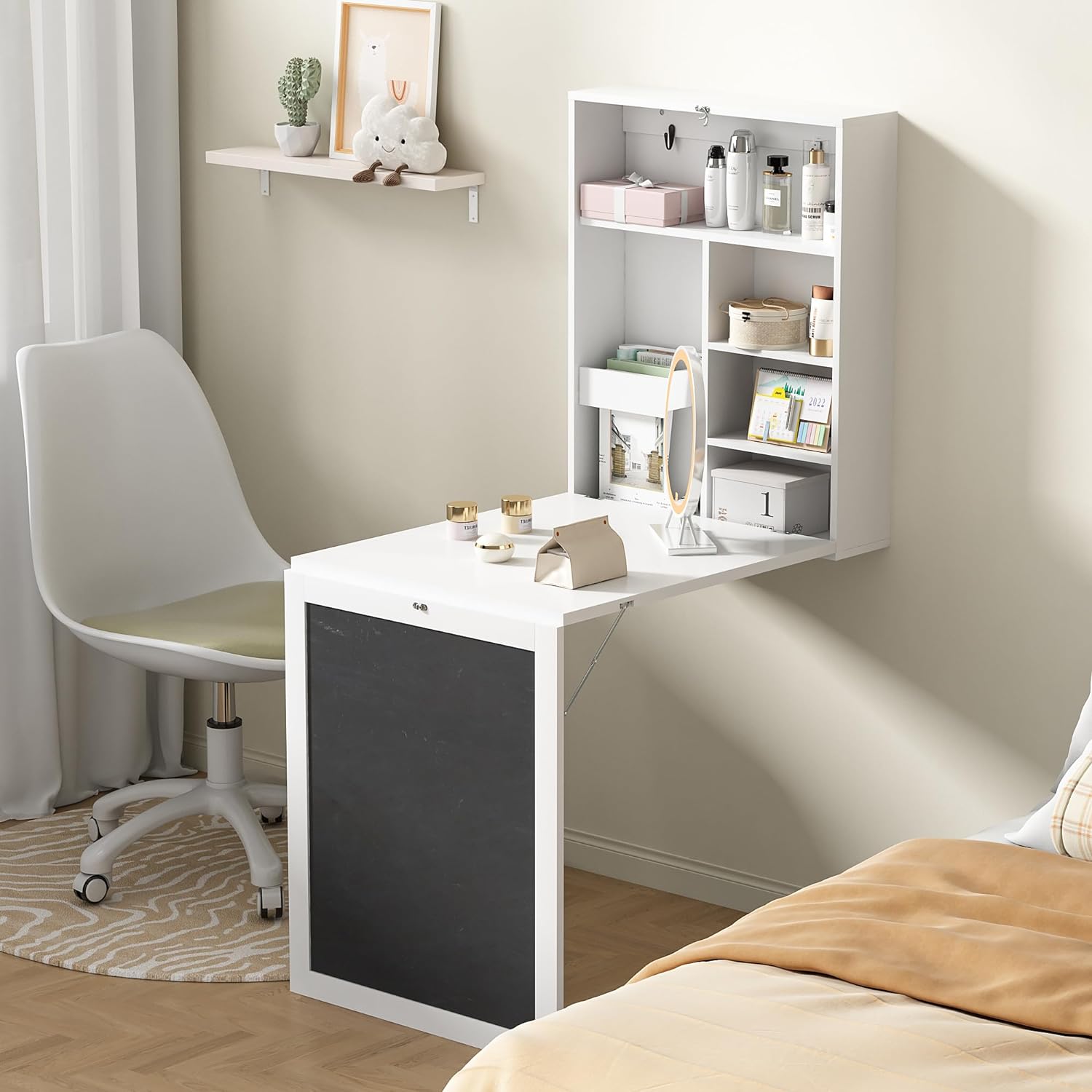 JAXPETY Wall Mounted Fold Out Desk with Storage Shelves