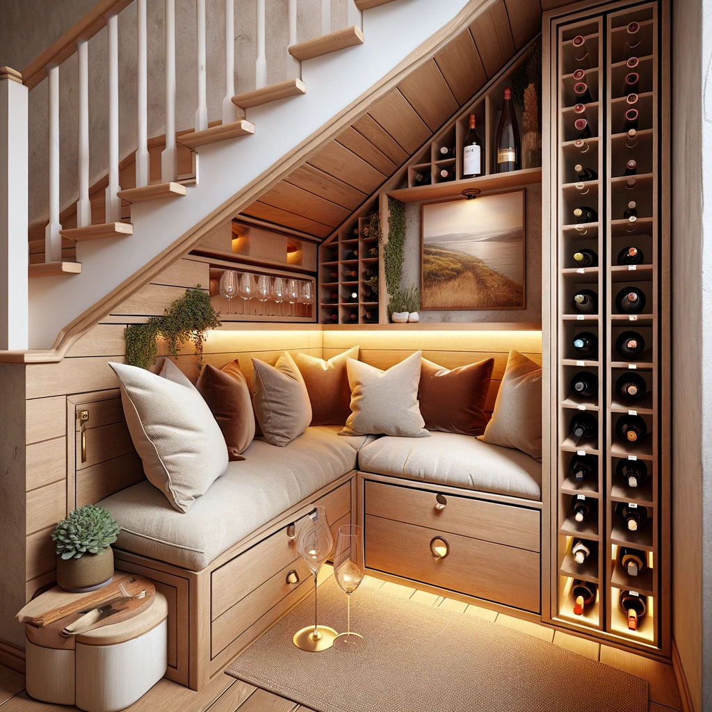Under-Stairs Wine Storage with Seating Area