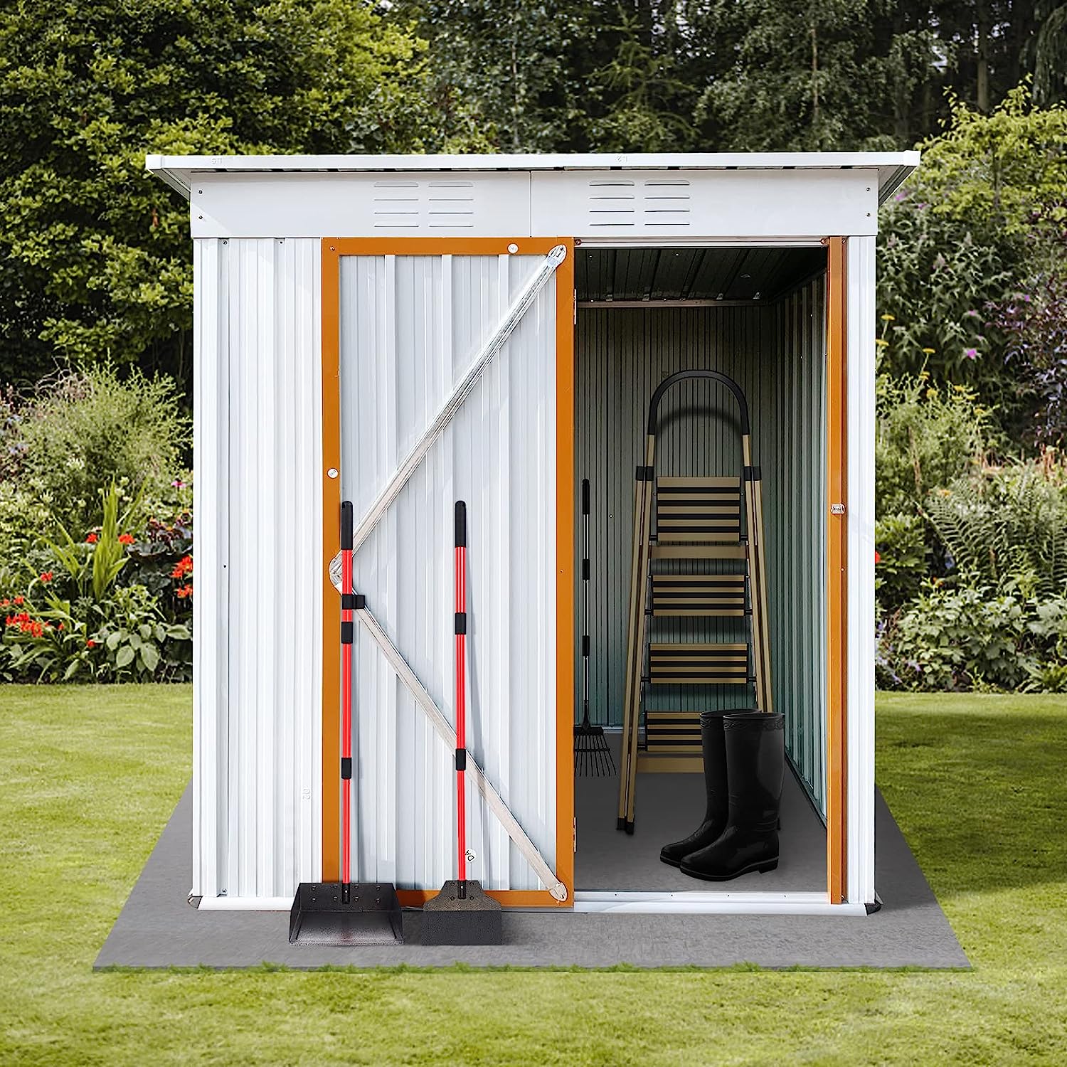 YOPTO 5x4 storage shed front view with open door