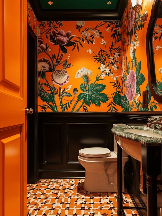 Vintage Wallpaper in small bathroom