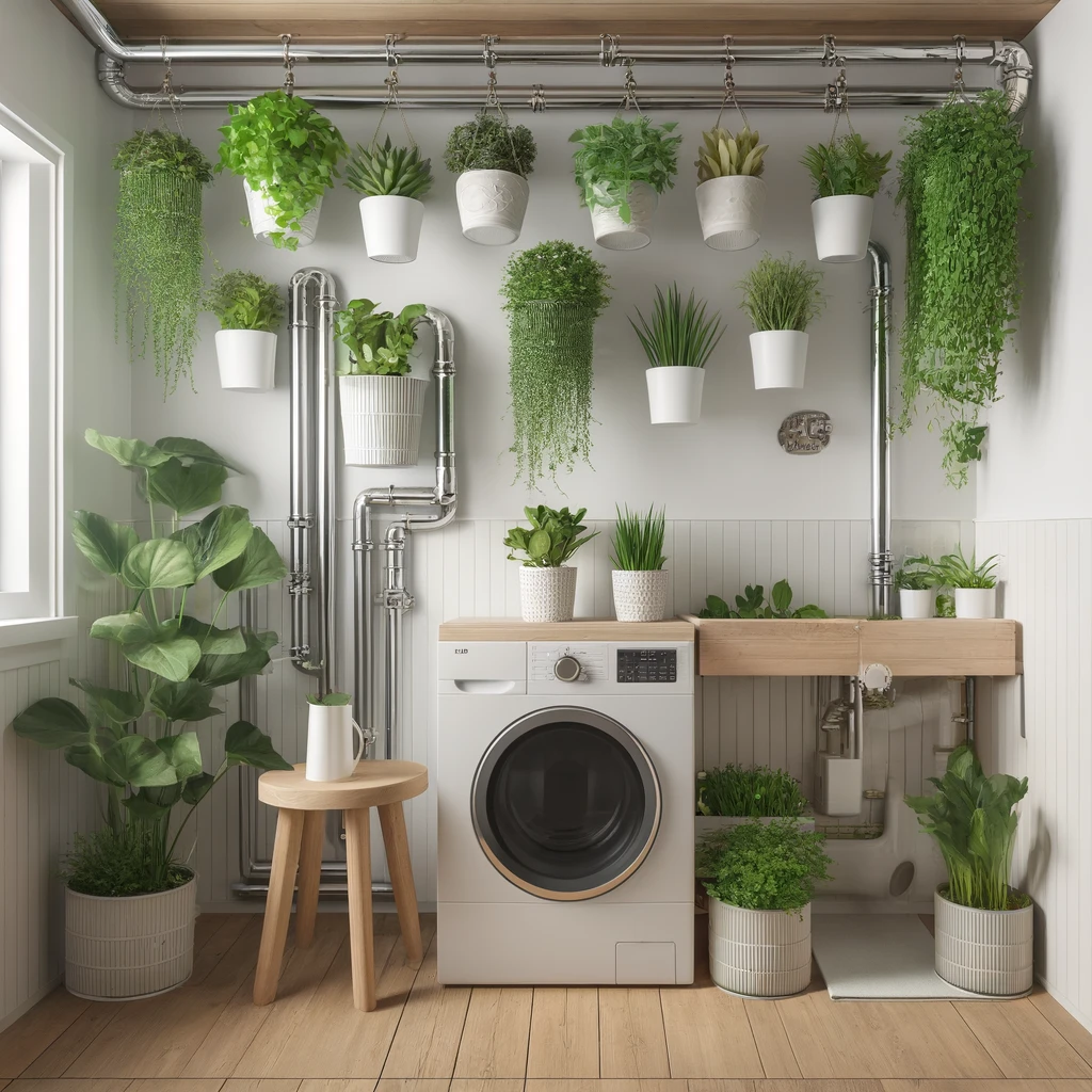 hanging plants in laudry room to hide plumbing