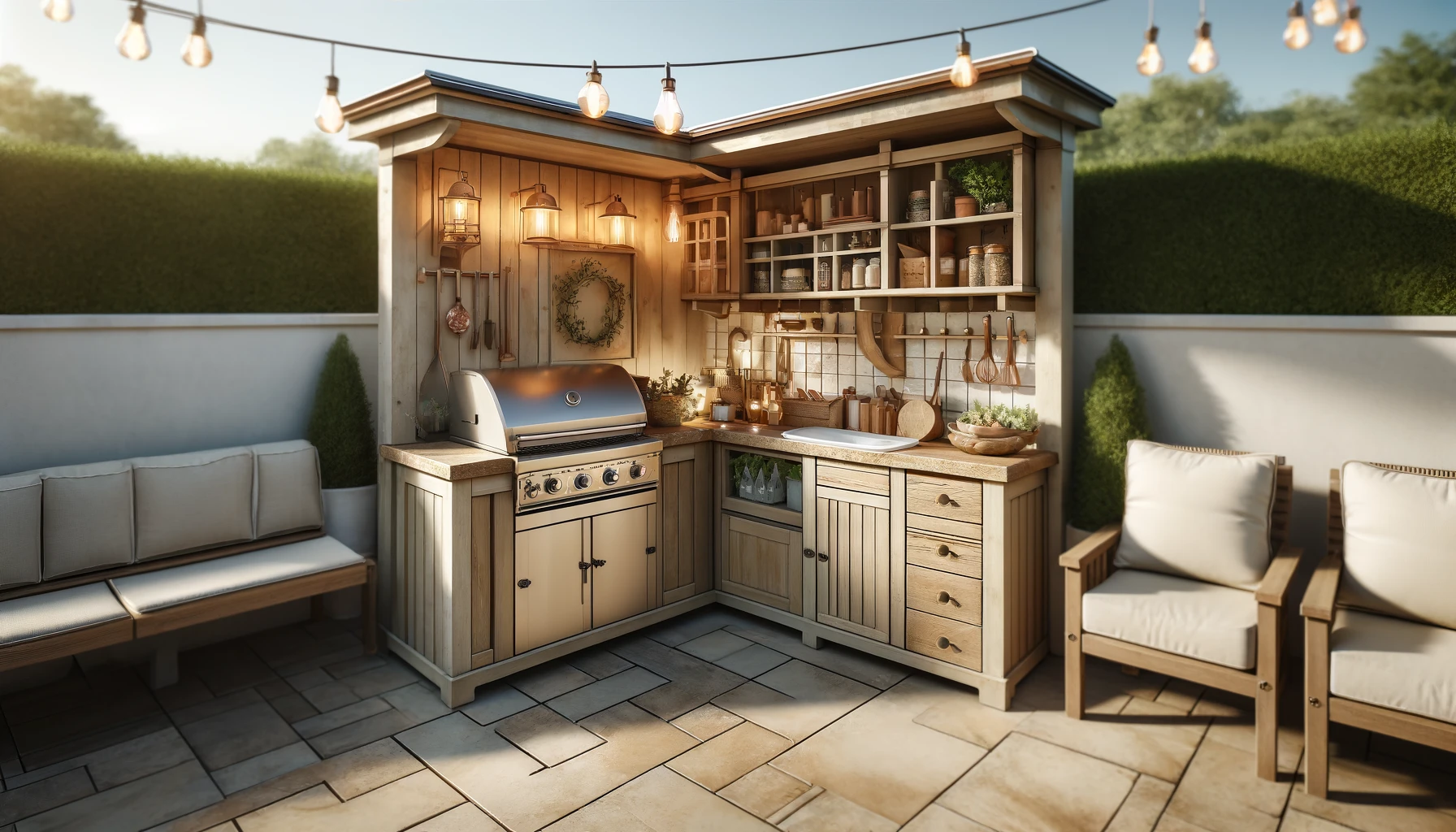 small Farmhouse l shaped outdoor kitchen