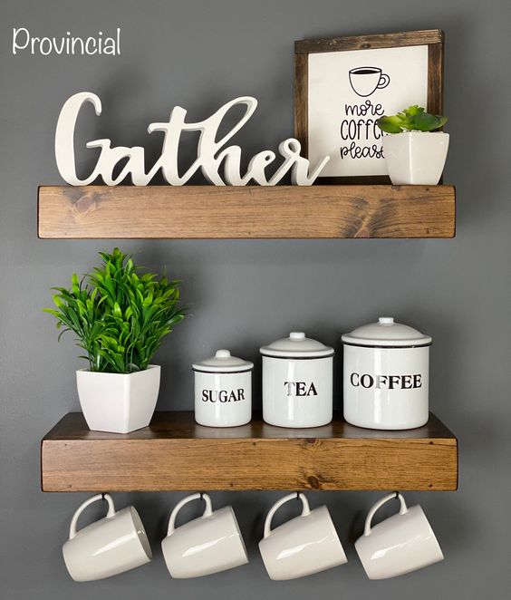 tea and coffee collection on floating shelves