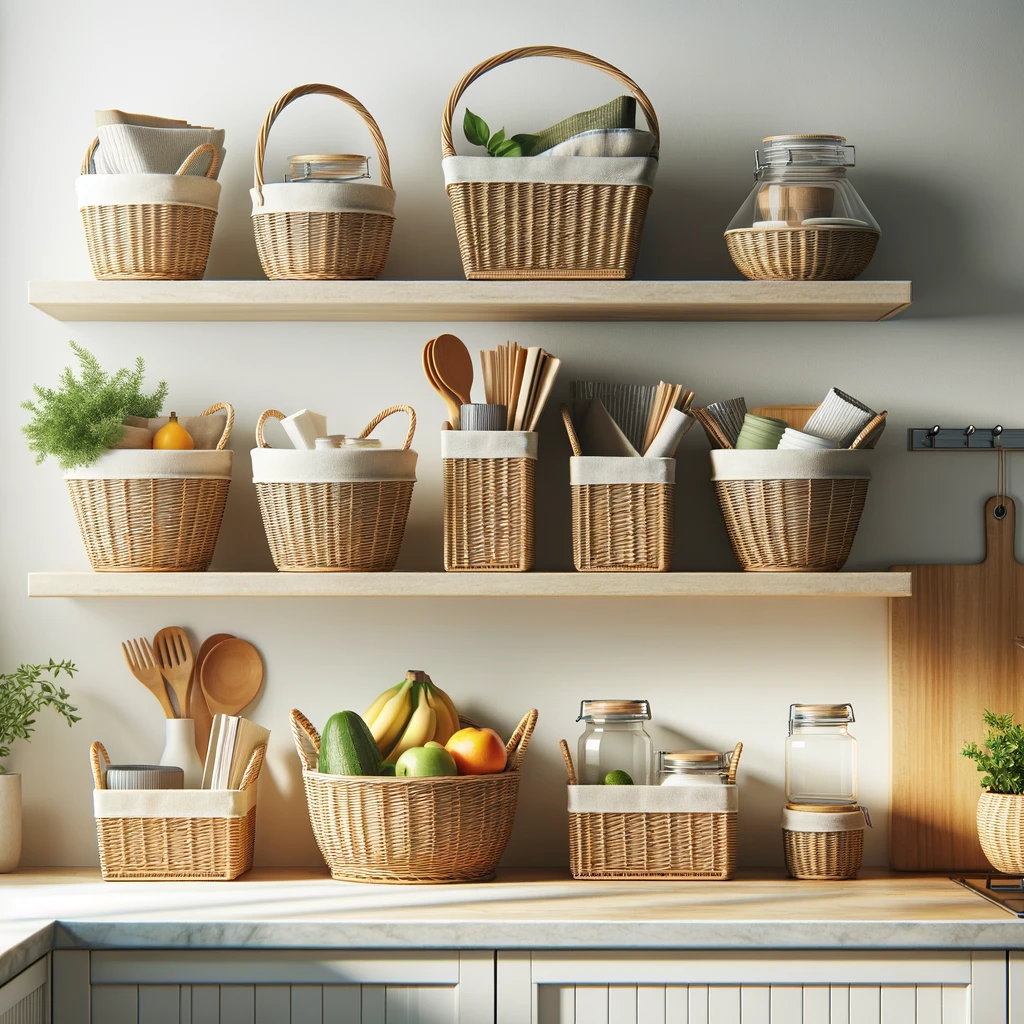 wicker baskets floating shelves decor