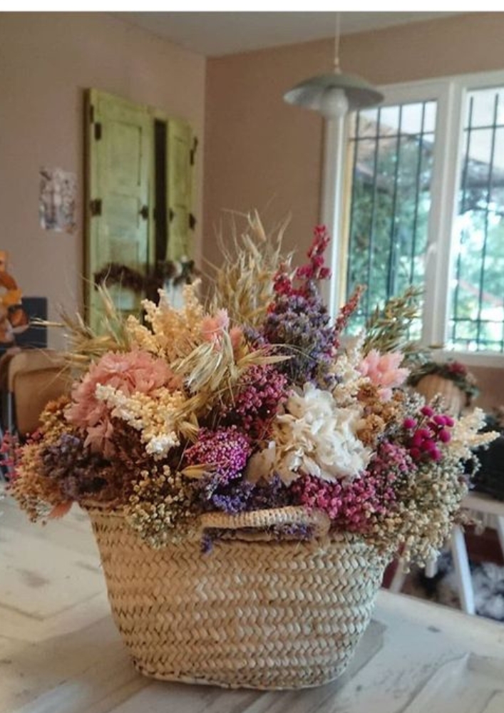 dried flowers in woven basket