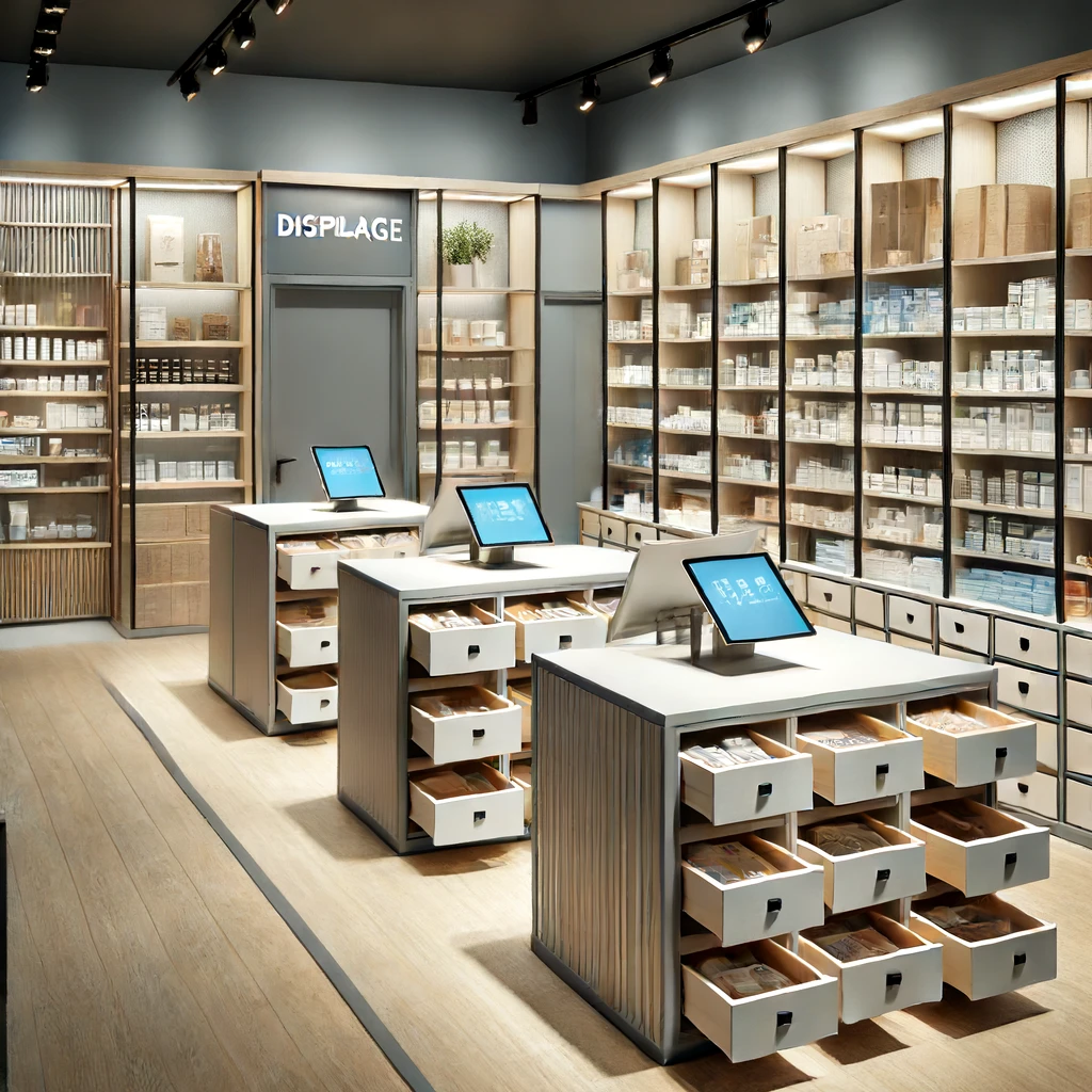 hidden storage in small retail shop