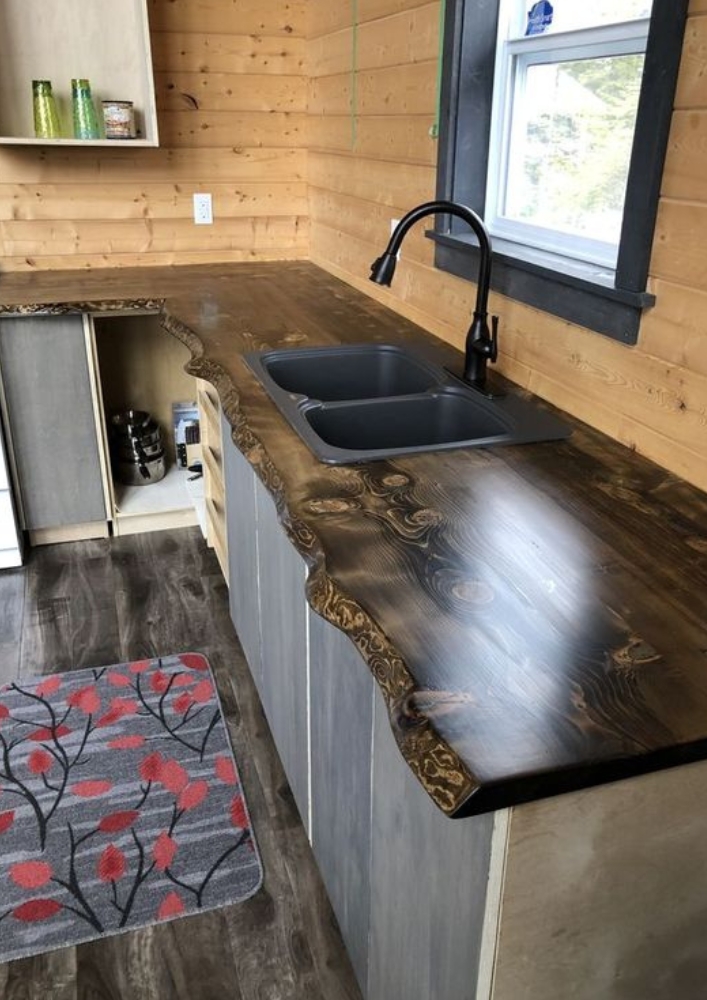  live-edge wood countertop in tiny home