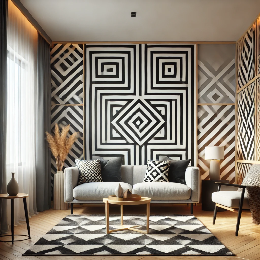 patterned accent wall in narrow living room