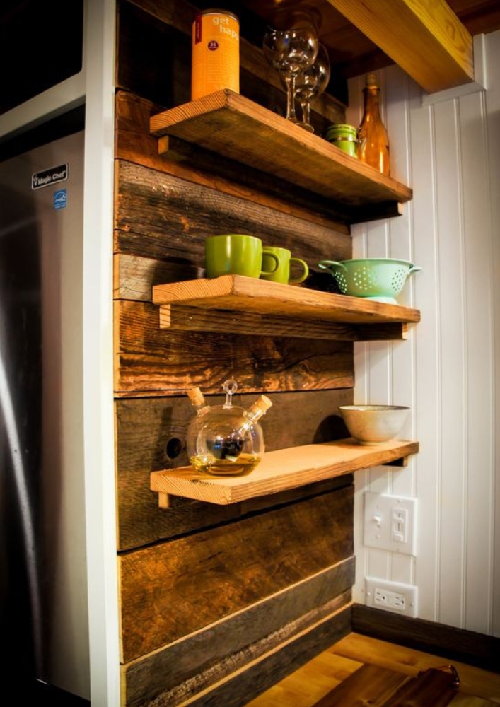 rustic shelves in tiny house