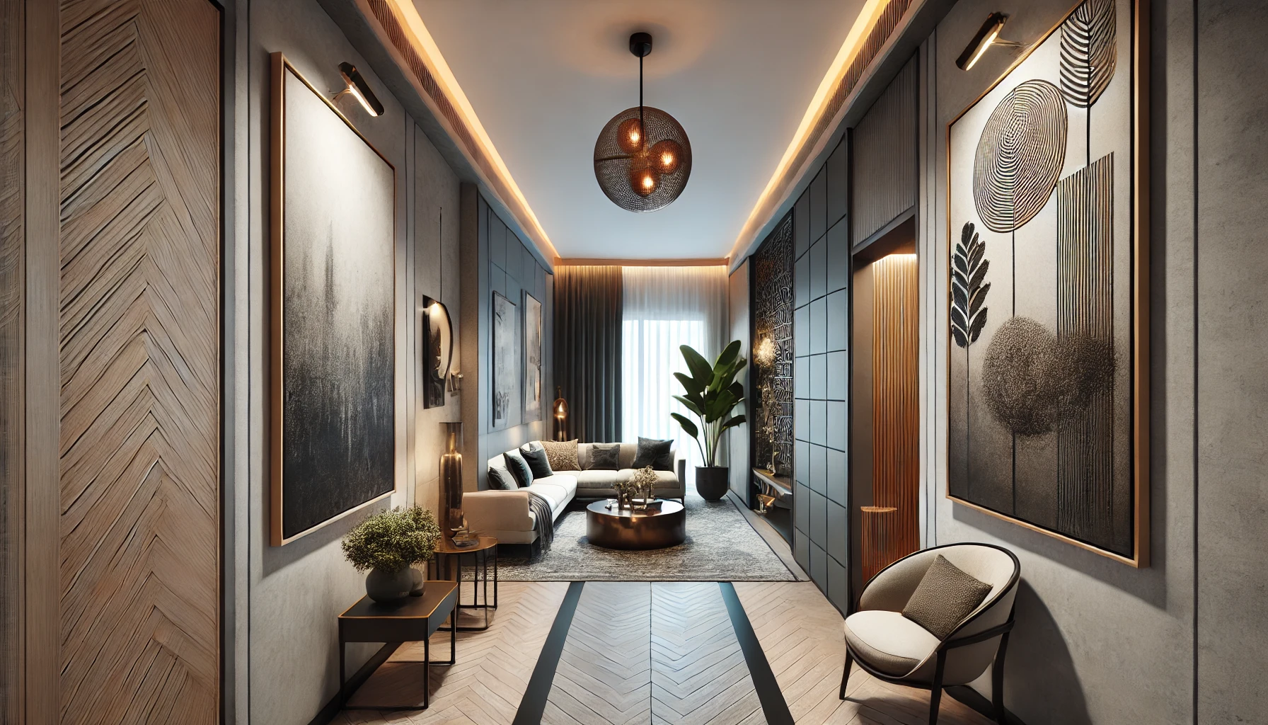 small narrow living room with black design