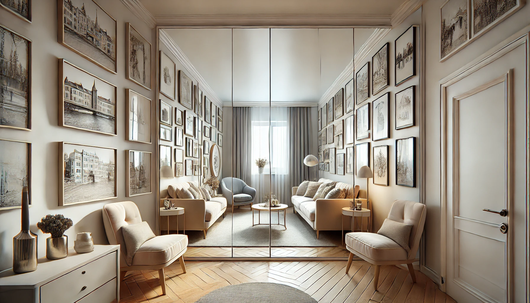 small narrow living room with mirrors
