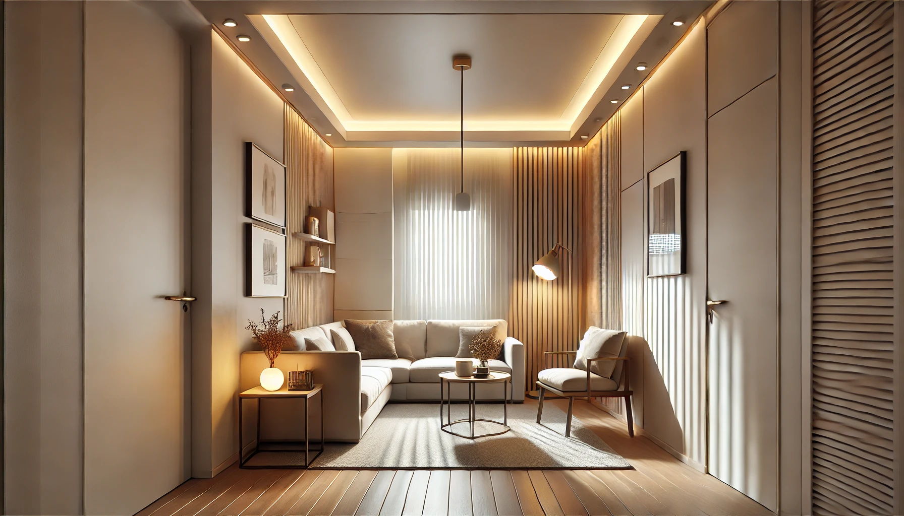 small narrow living room with multiple levels lights