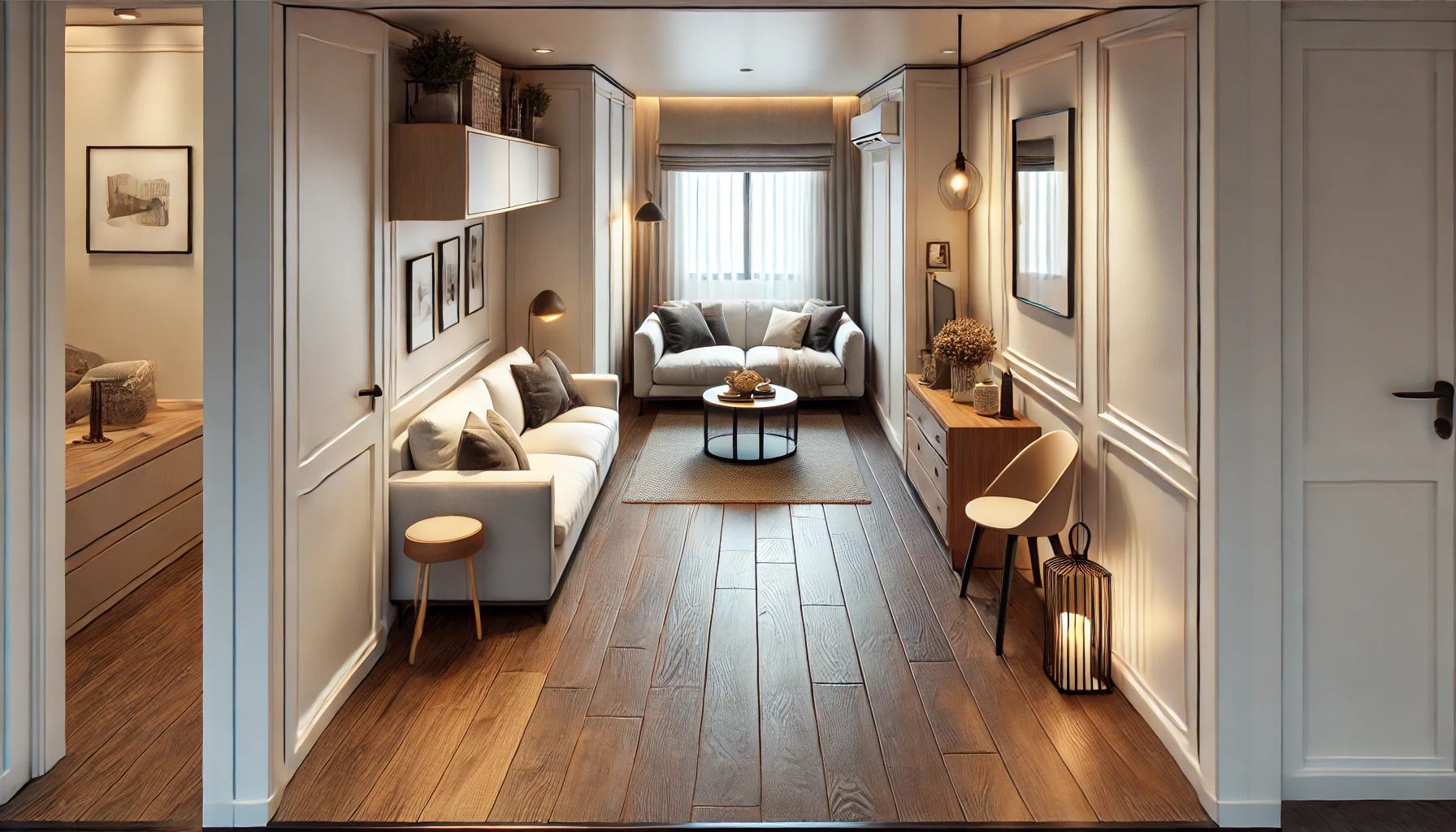 small narrow living room with wood floor.
