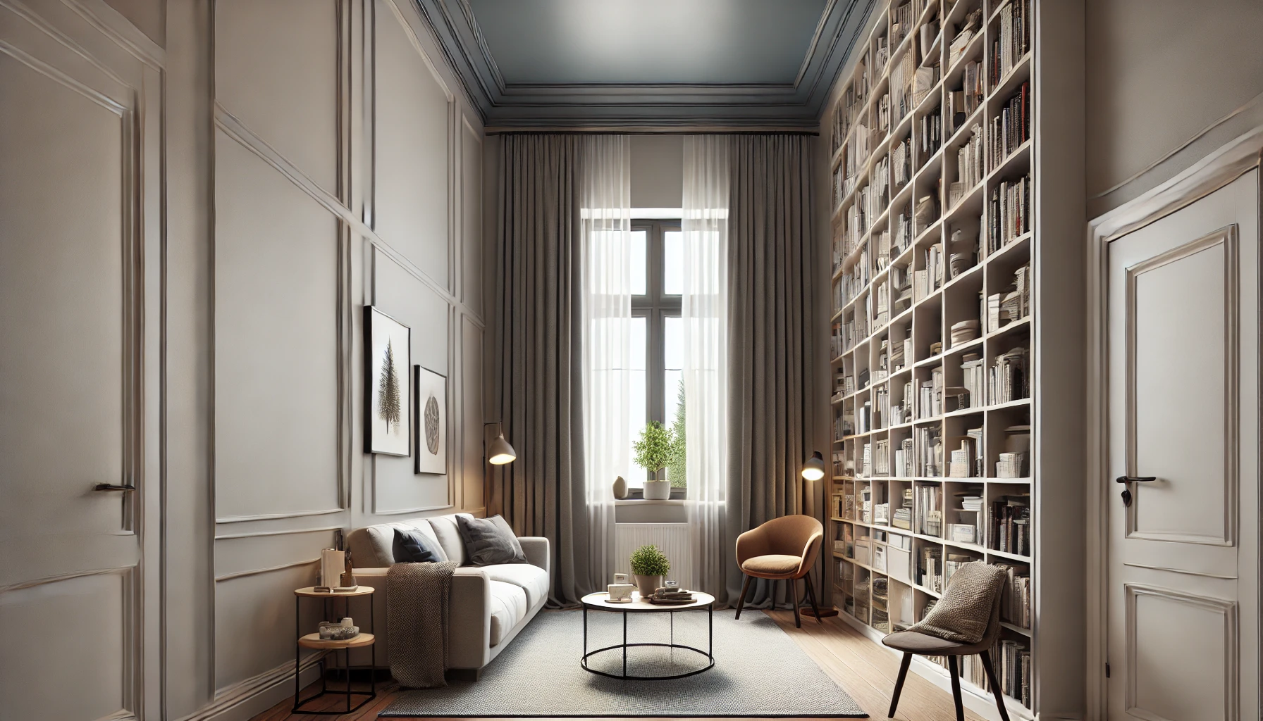 tall narrow lvigin room with wall bookcase