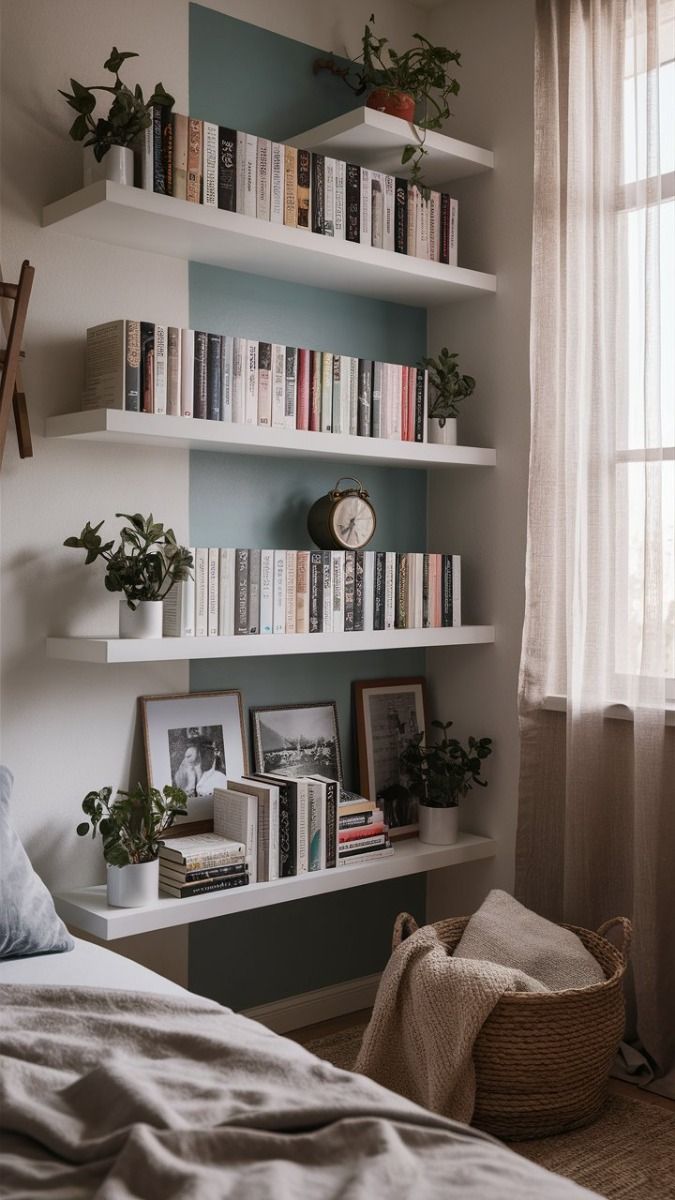 floating shelves in small guest room