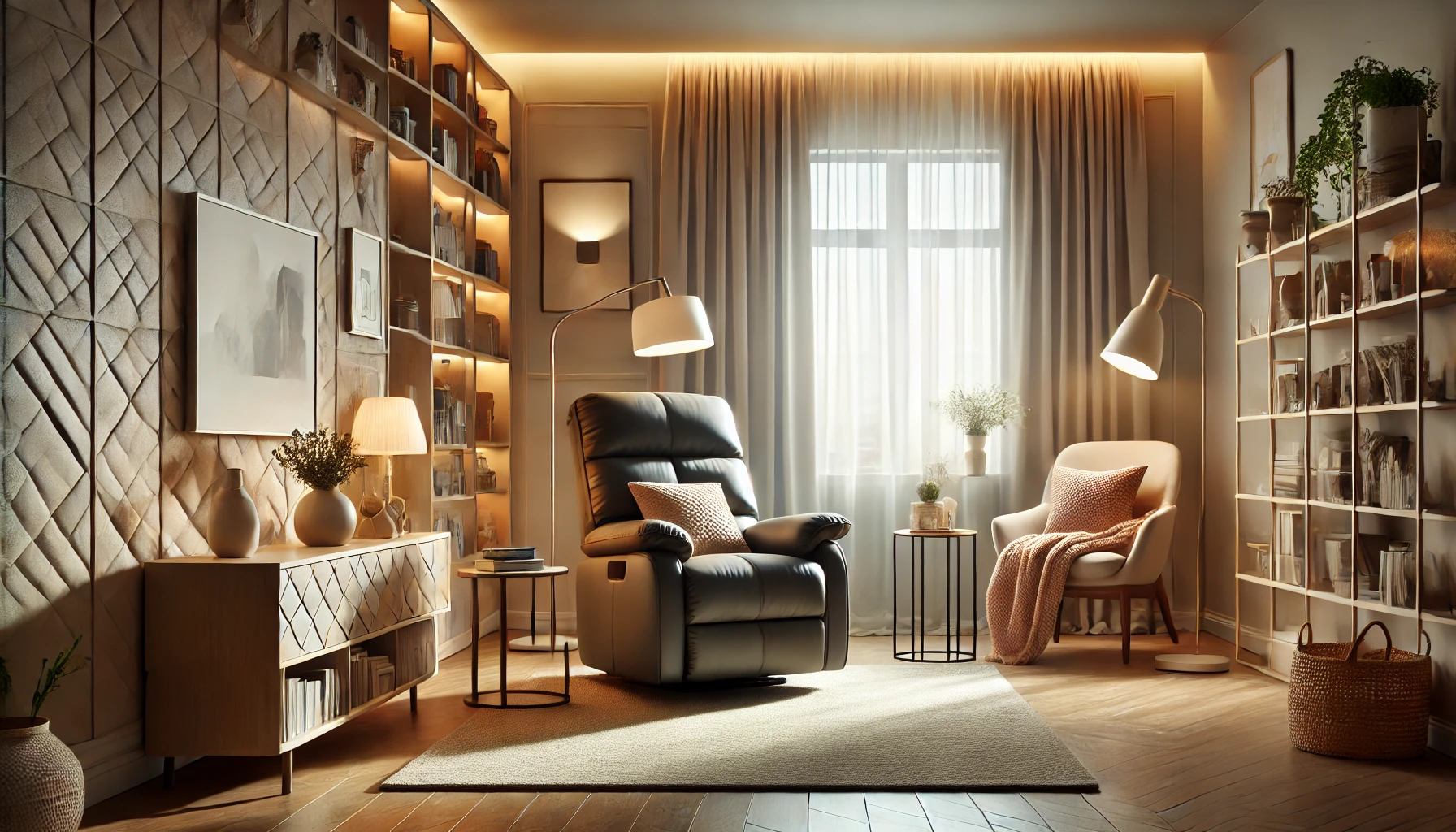 recliner in small living room with room lights