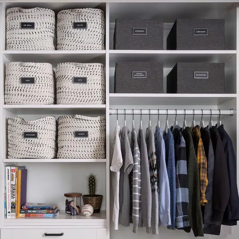 small closet with labels