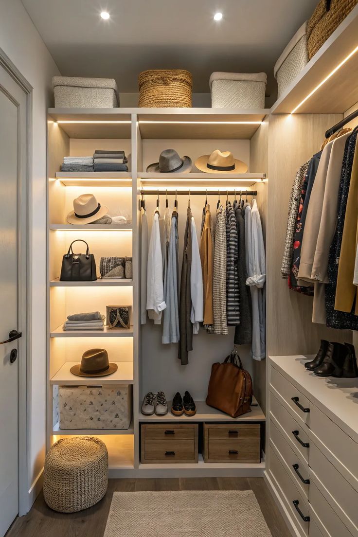 small walk in closet with lights