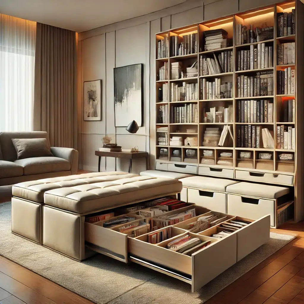 hidden storage in a small library