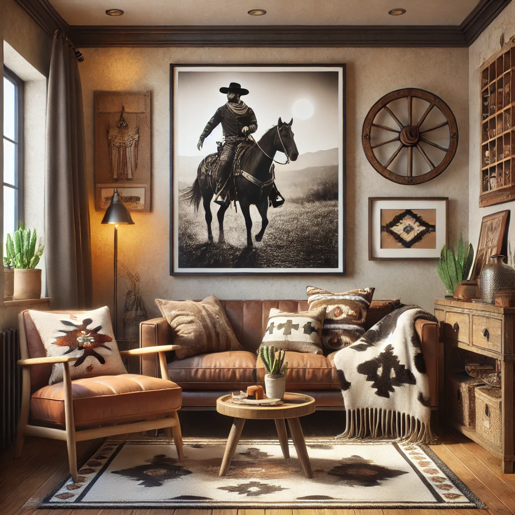Framed Cowboy Art in a western living room