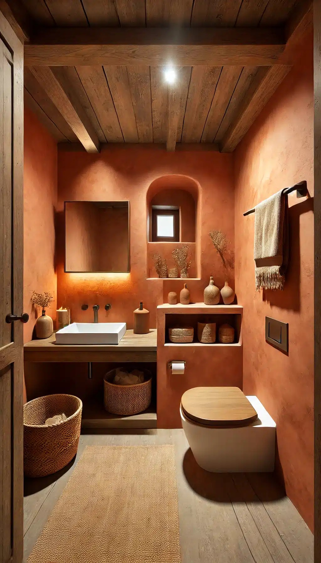 Terracotta Orange bathroom with wood accents
