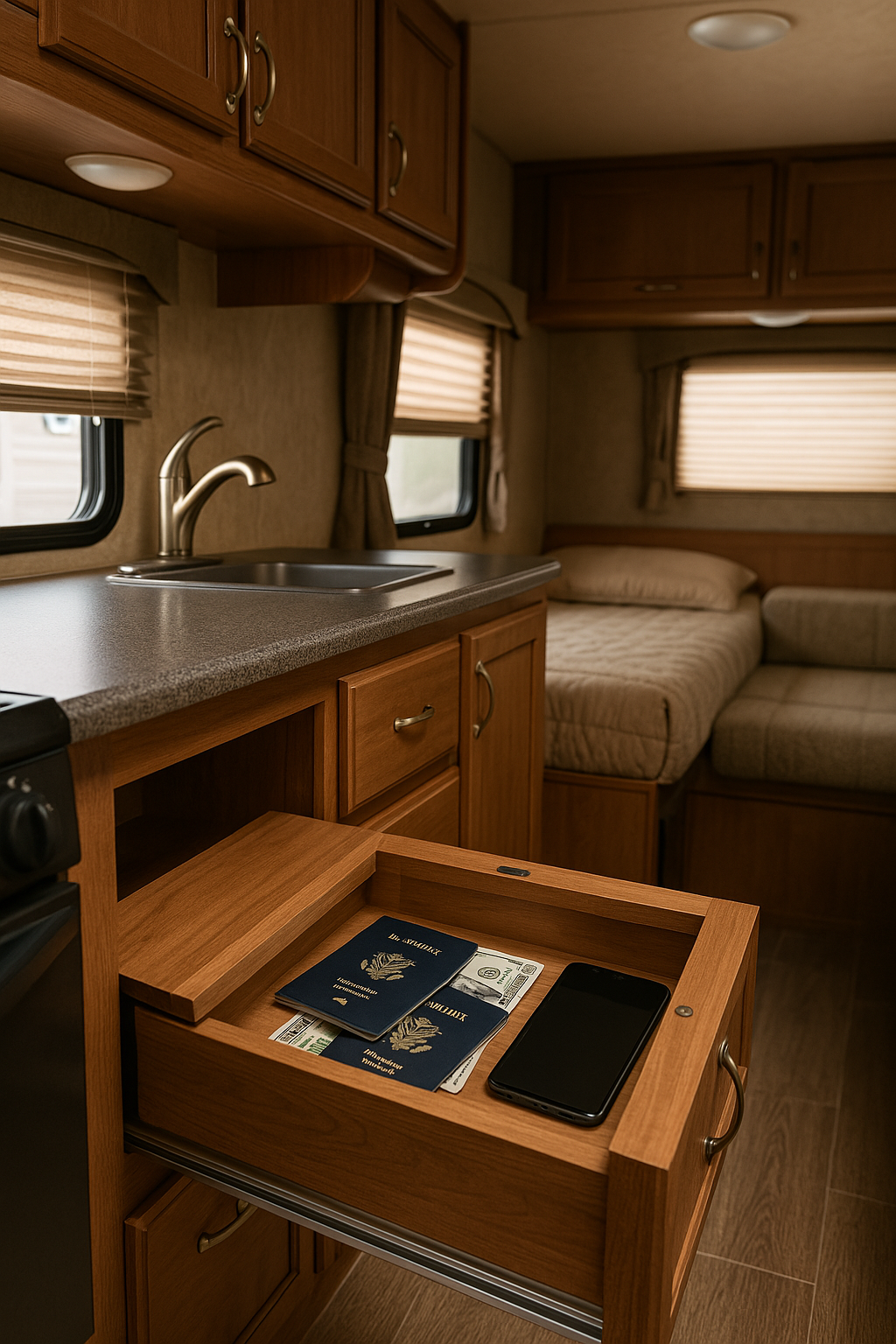 False-bottom Cabinets in a camper