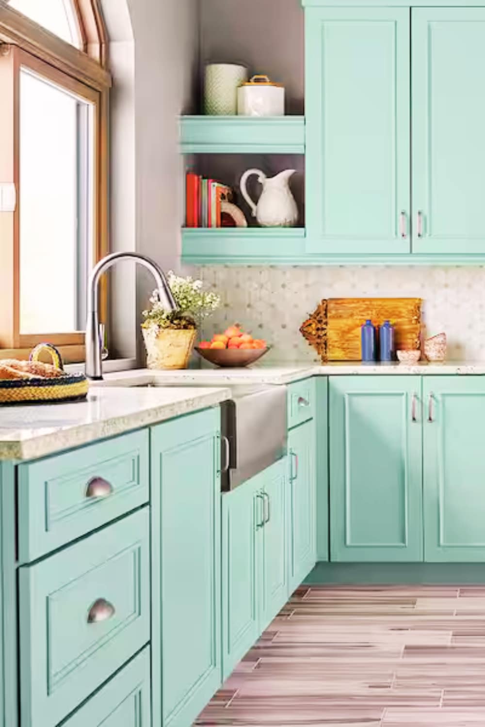 Aqua color kitchen cabinets