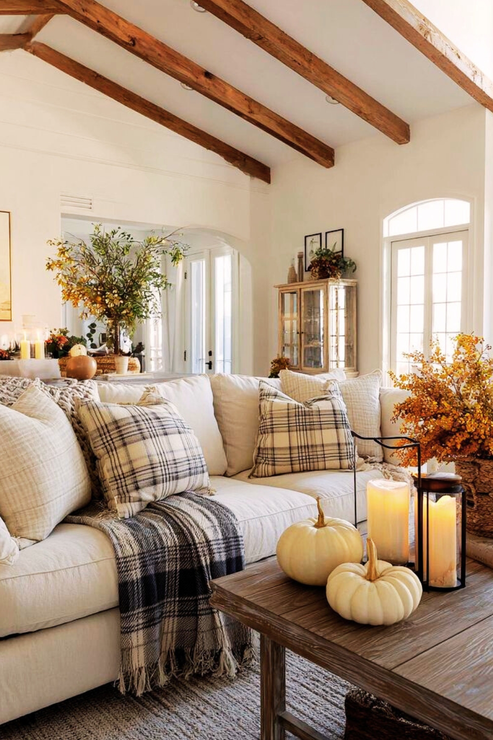 Checkered Throw Pillows in farmouse living room