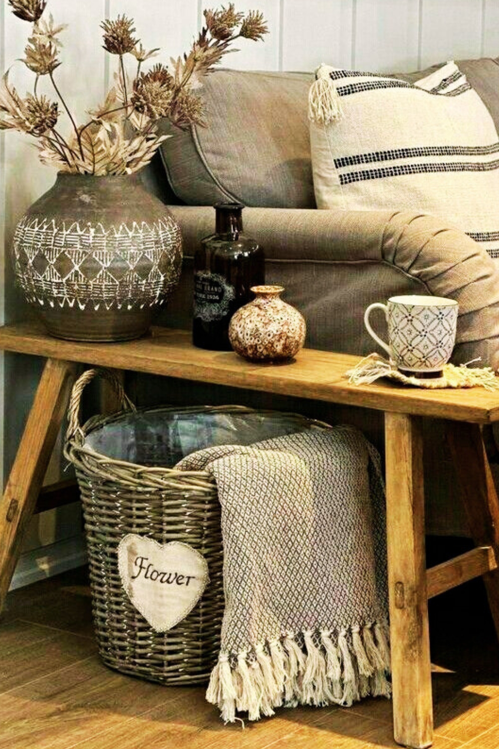 Distressed Wood Bench in farmhouse living room