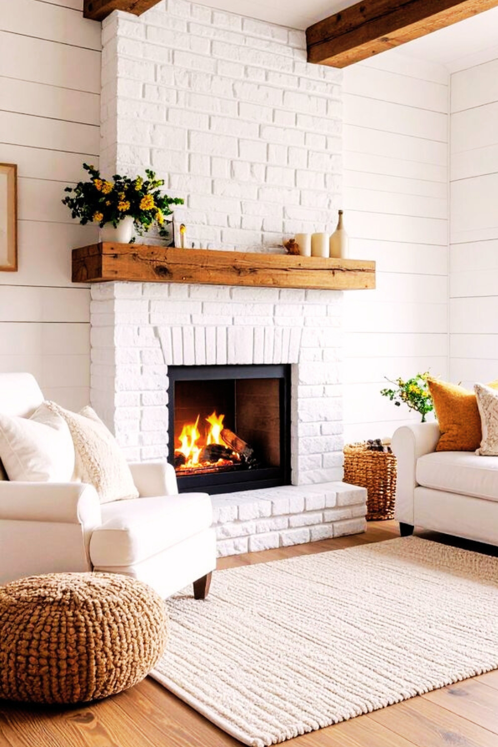 White Brick Fireplace in farmhouse living room
