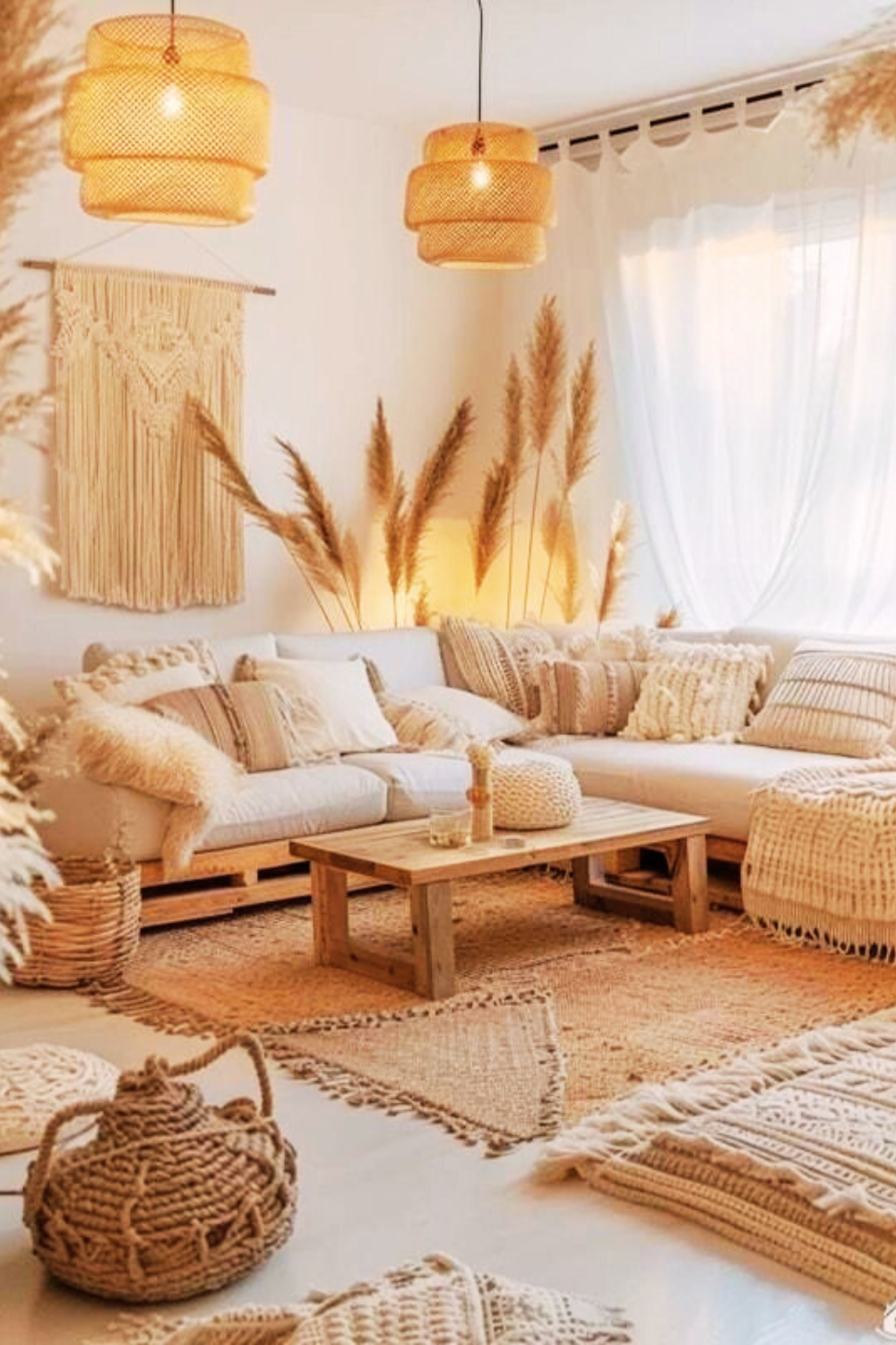 boho living room decorated with Dried Pampas Grass
