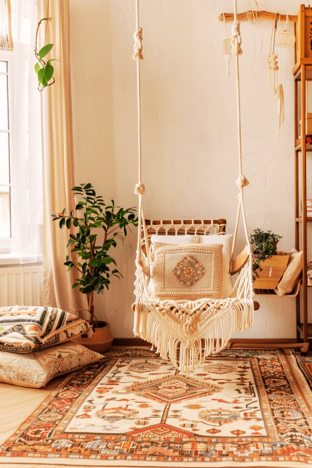 hanging chair in bohemian living room