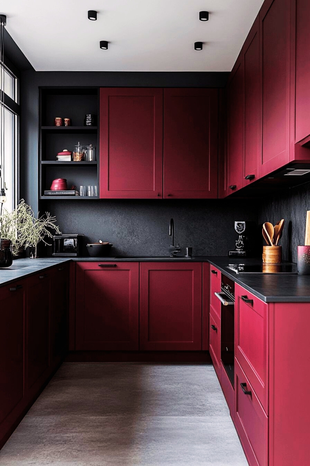 modern Burgundy small kitchens cabinets