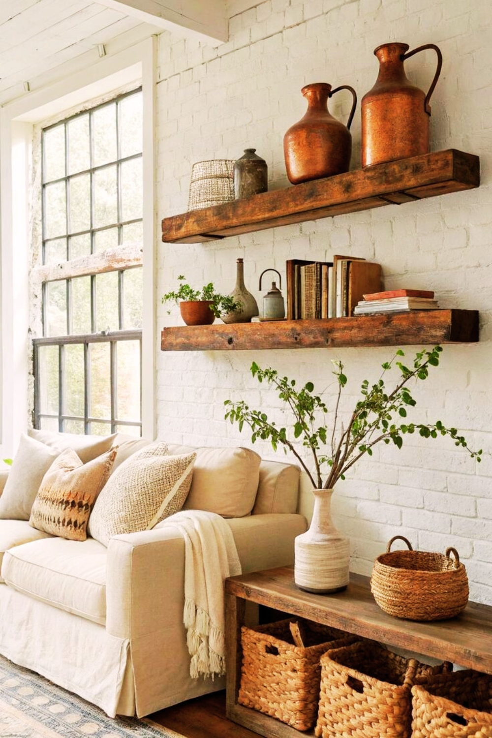 small farmhouse living room with Rustic Floating Shelves
