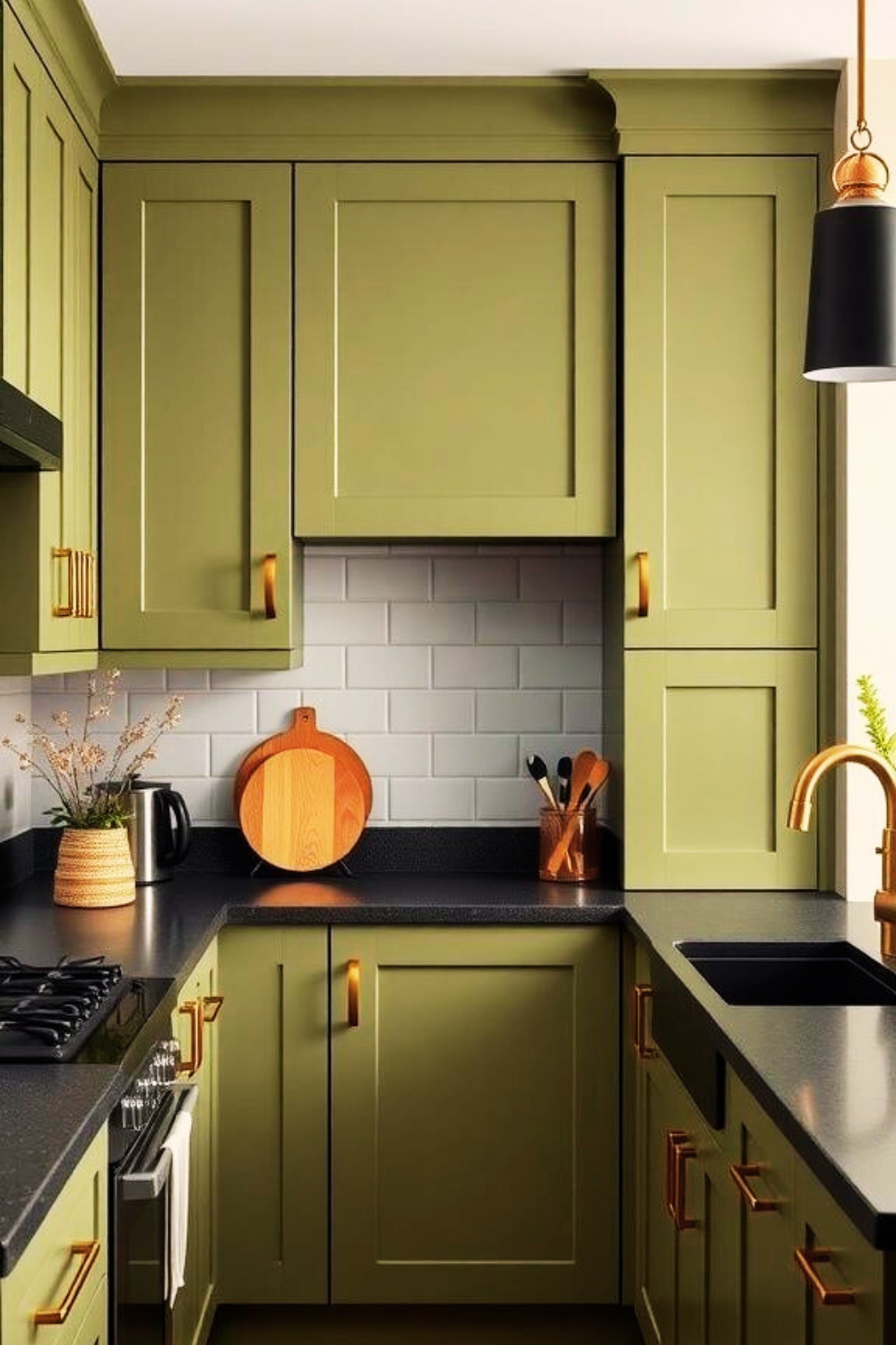 tiny kitchen Olive Green cabinets